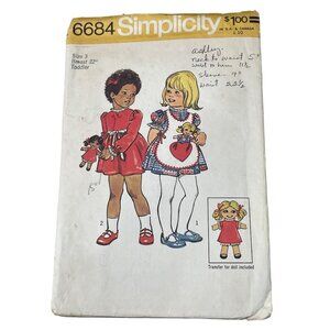 70s Simplicity 6684 Sewing Pattern Size 3 Toddlers Dress Apron Doll Vintage CUT